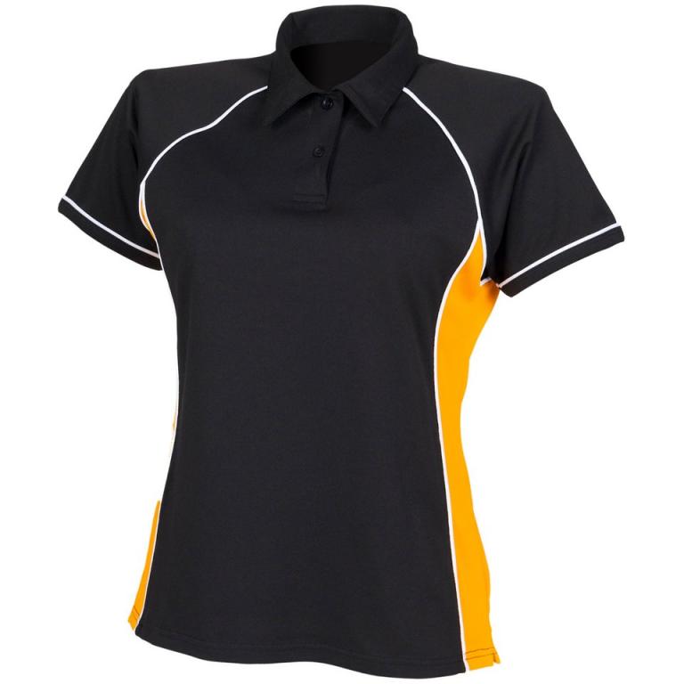 Women's piped performance polo Black/Amber/White