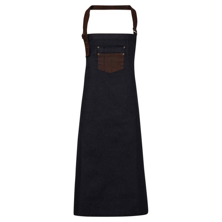 Division waxed-look denim bib apron with faux leather Indigo/Brown Denim
